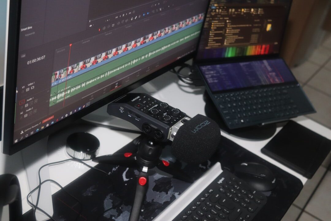 Overhead view of a production desk with scripts and headphones